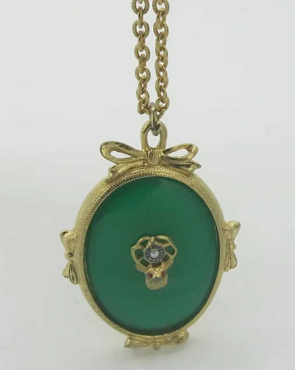 Jade Green Lucite Gold tone Bow Pendant w/ BPOE E… - image 4