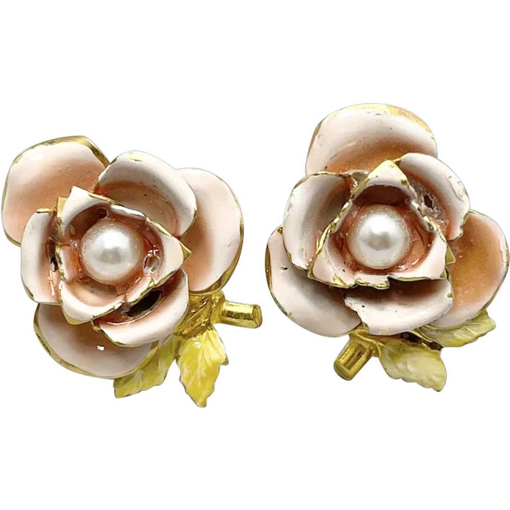 Vintage Rose Flower Pink Enamel Earrings - image 1