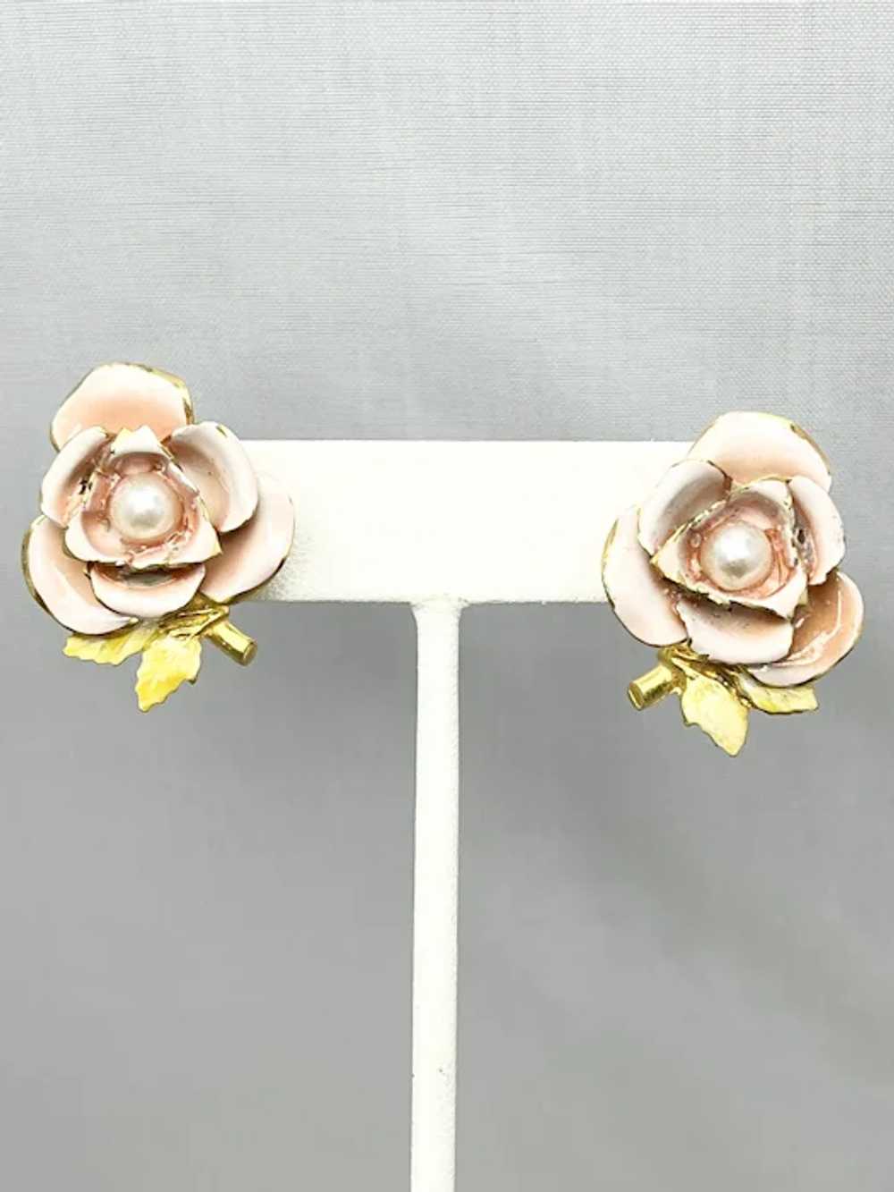 Vintage Rose Flower Pink Enamel Earrings - image 2