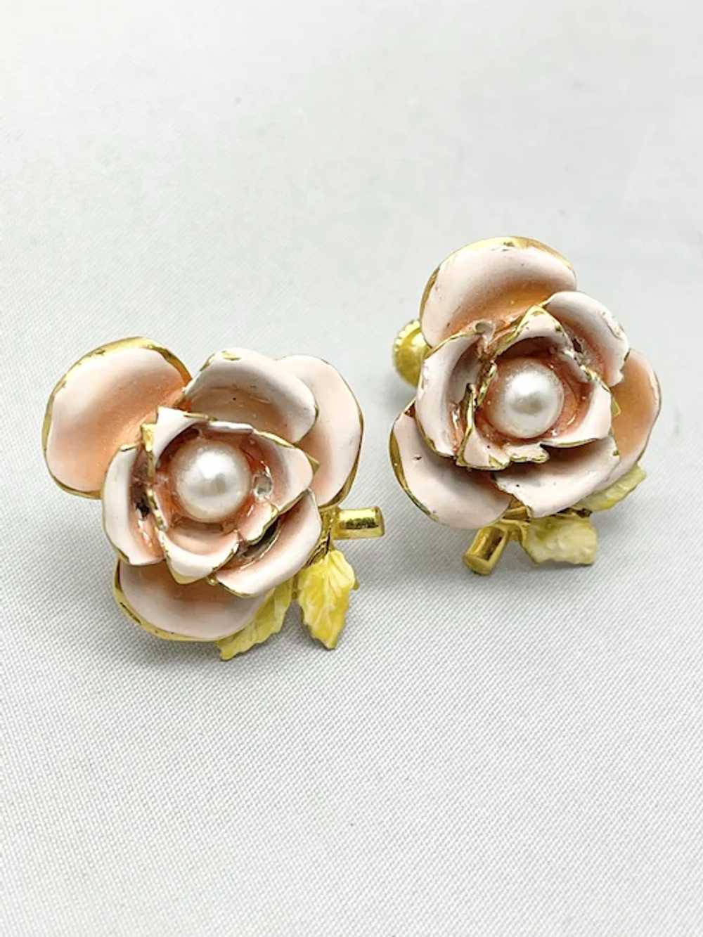 Vintage Rose Flower Pink Enamel Earrings - image 3