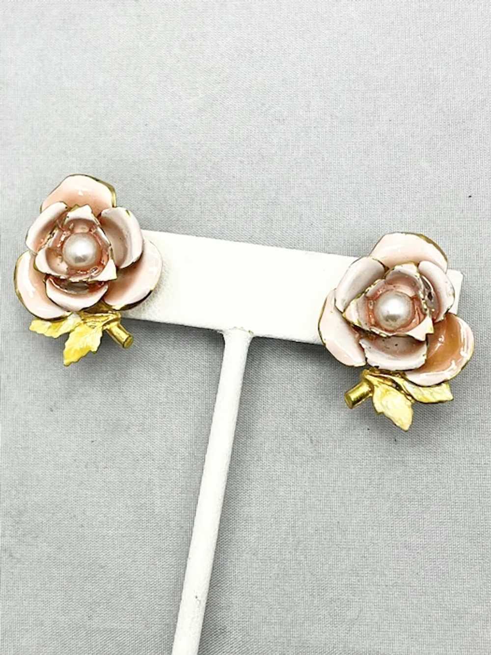 Vintage Rose Flower Pink Enamel Earrings - image 4