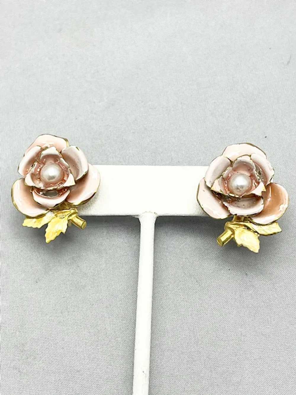 Vintage Rose Flower Pink Enamel Earrings - image 5