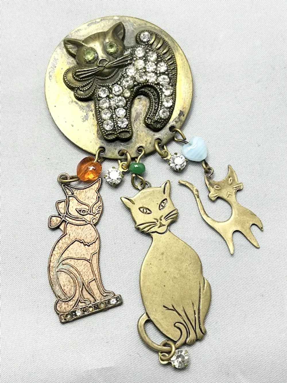 Vintage Cat Rhinestone Glass Charm Brooch Pin - image 2