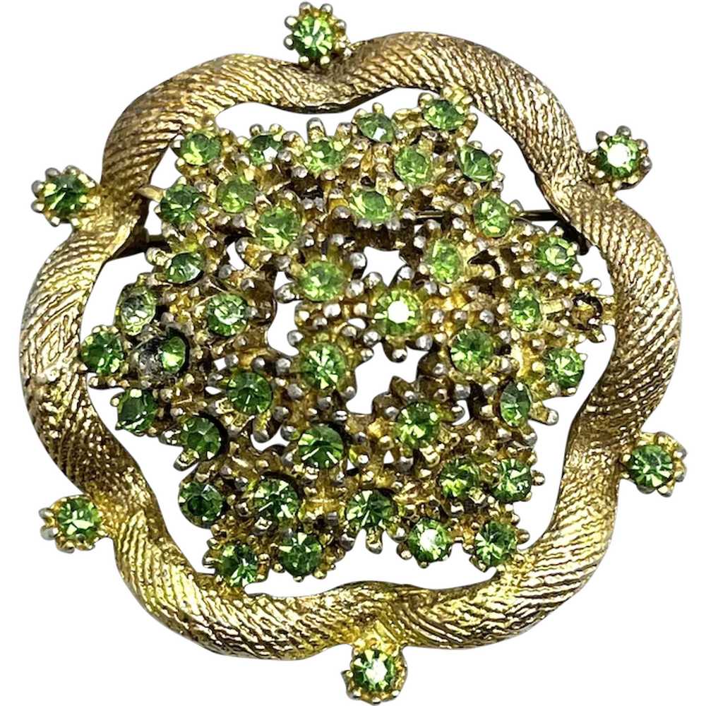 Vintage Green Rhinestone Floral Brooch Pin - image 1