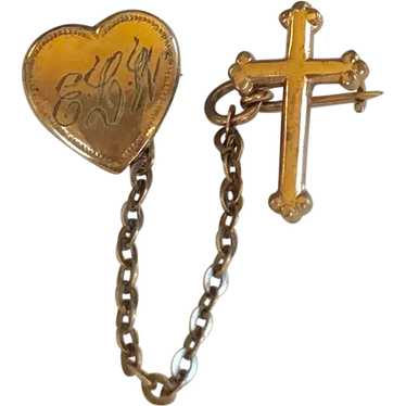 9kt Gold Filled Religious Cross and Heart Pin - image 1