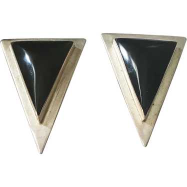 A Pair of Vintage Mexican Silver and Black Onyx Ea