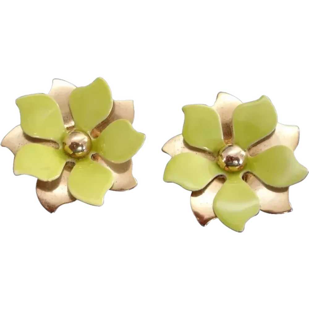 Vintage Chartreuse Green and Gold Floral Clip-On … - image 1