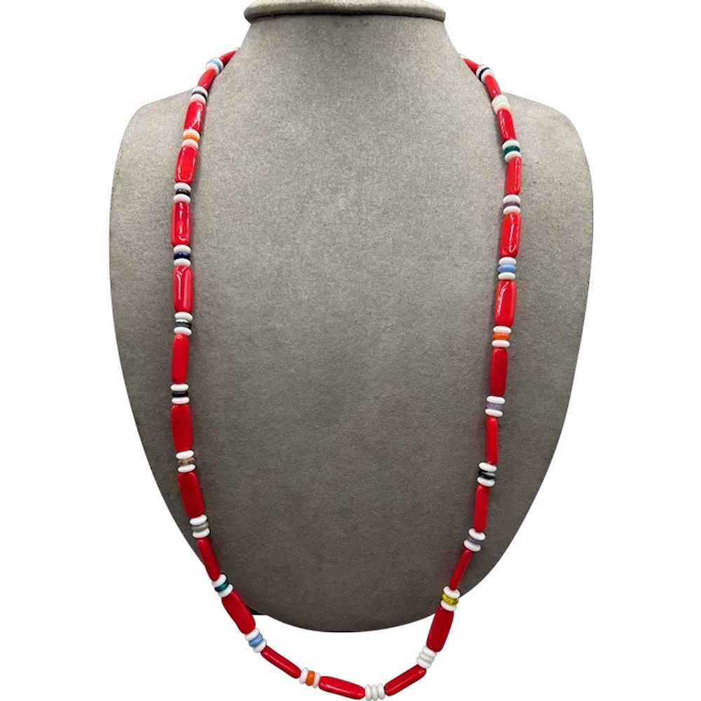 Vintage Glass Beaded Necklace Red & White Beads C… - image 1