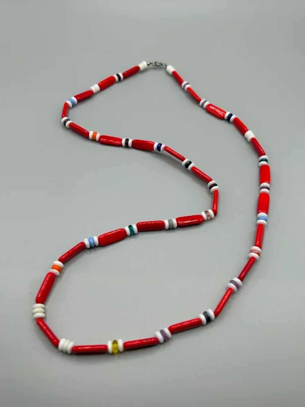 Vintage Glass Beaded Necklace Red & White Beads C… - image 2