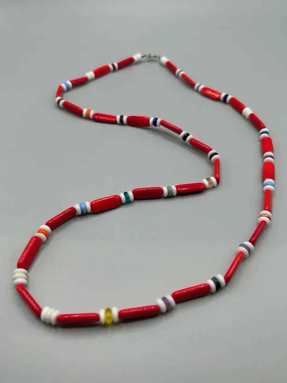 Vintage Glass Beaded Necklace Red & White Beads C… - image 3
