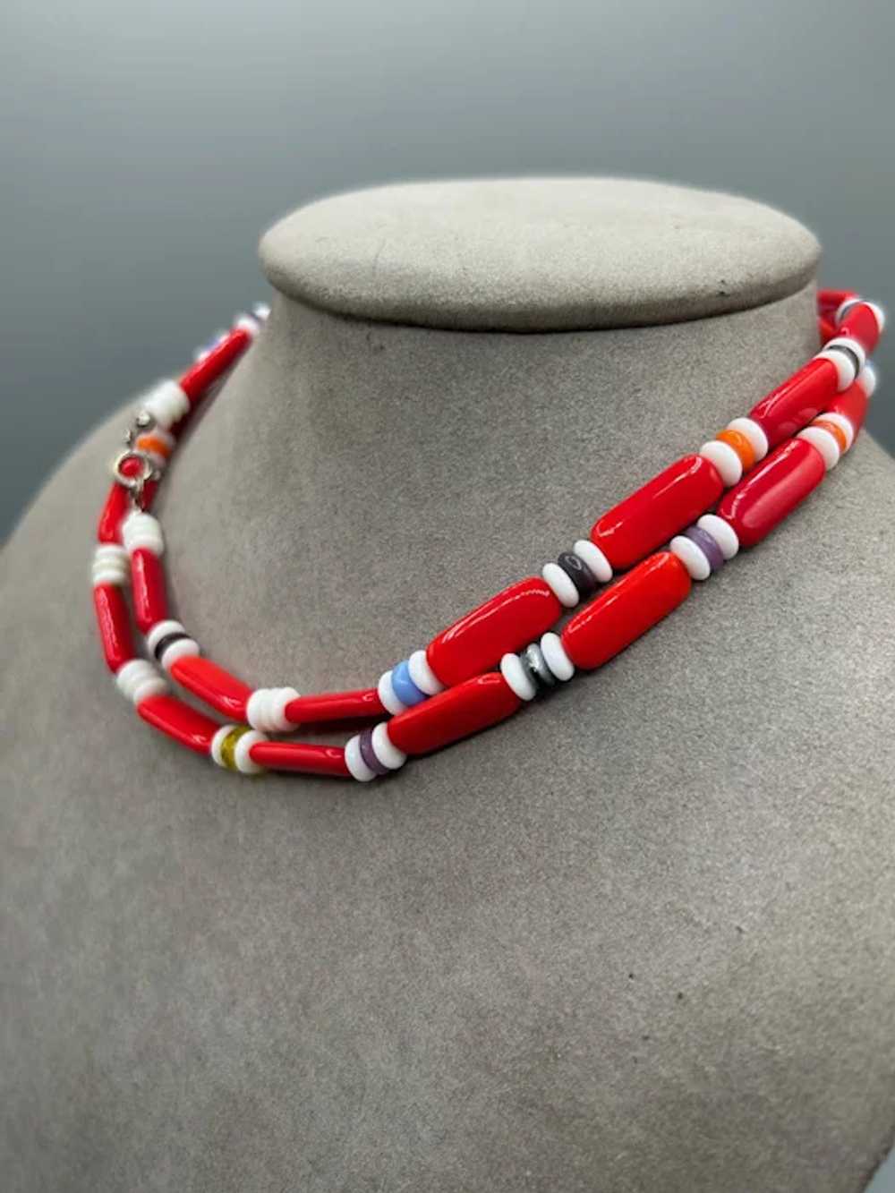 Vintage Glass Beaded Necklace Red & White Beads C… - image 4