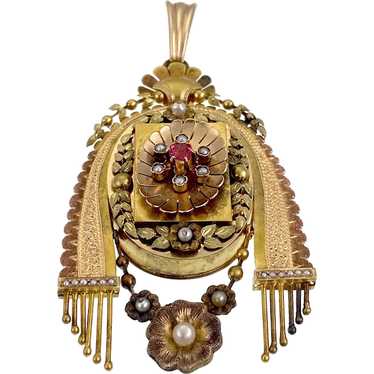 Antique Egyptian Revival 18K, Ruby & Pearl Locket… - image 1