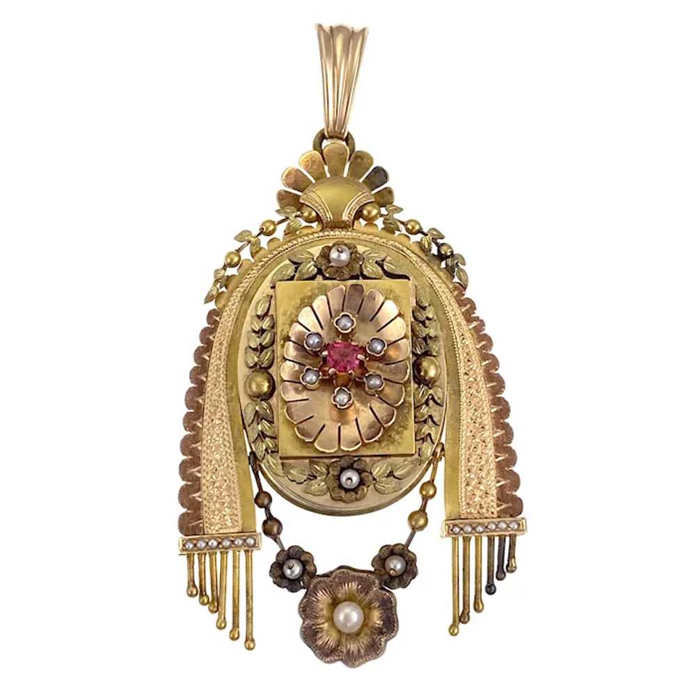Antique Egyptian Revival 18K, Ruby & Pearl Locket… - image 2