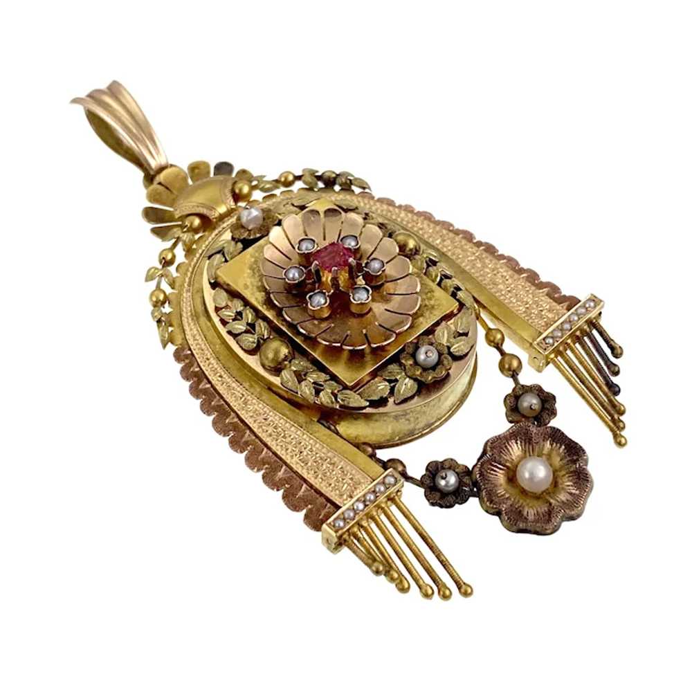 Antique Egyptian Revival 18K, Ruby & Pearl Locket… - image 3