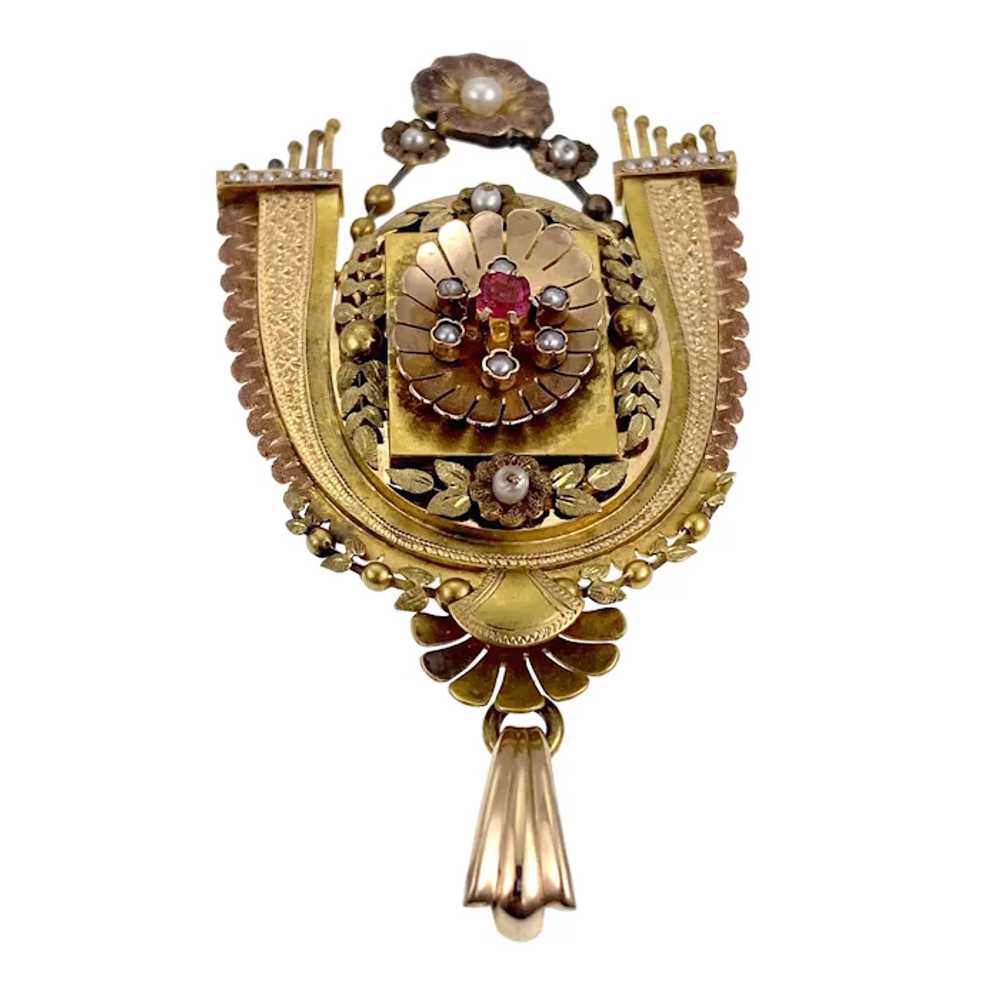 Antique Egyptian Revival 18K, Ruby & Pearl Locket… - image 5