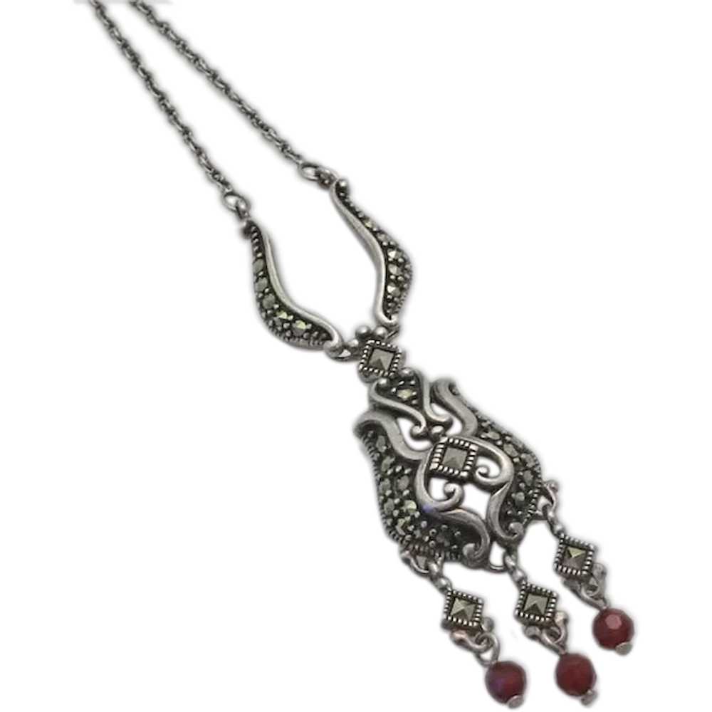 Sterling Silver Marcasite Red Stone Drop Necklace - image 1
