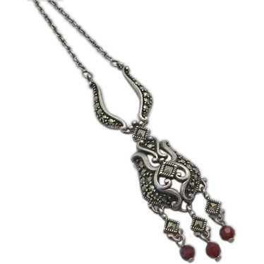 Sterling Silver Marcasite Red Stone Drop Necklace - image 1