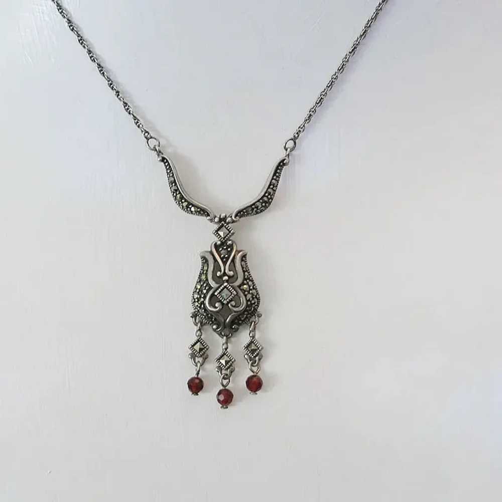 Sterling Silver Marcasite Red Stone Drop Necklace - image 2