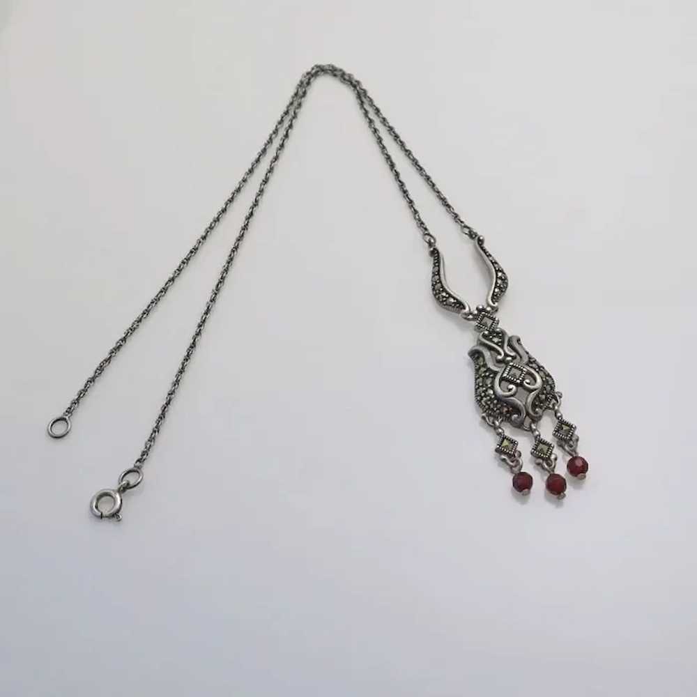 Sterling Silver Marcasite Red Stone Drop Necklace - image 3