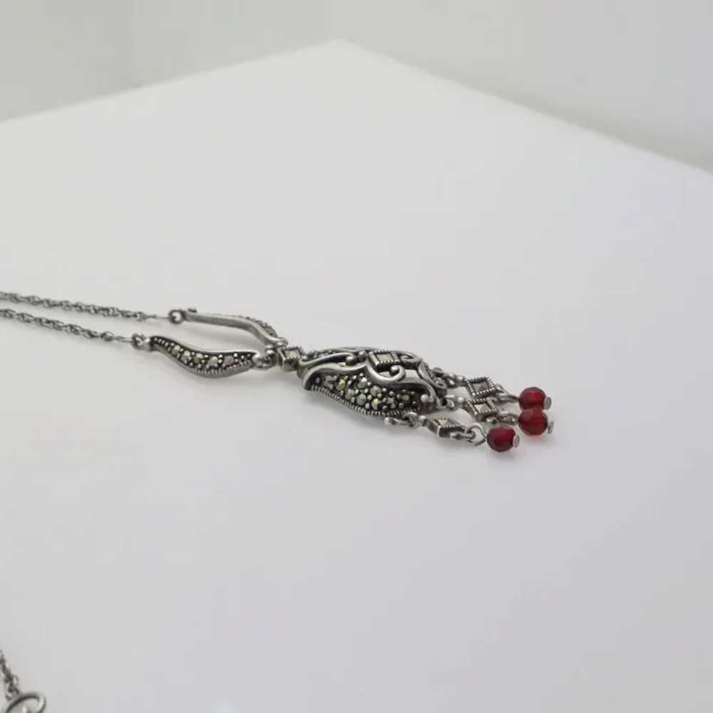 Sterling Silver Marcasite Red Stone Drop Necklace - image 4