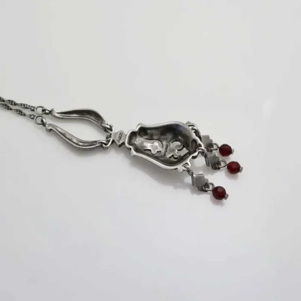Sterling Silver Marcasite Red Stone Drop Necklace - image 5