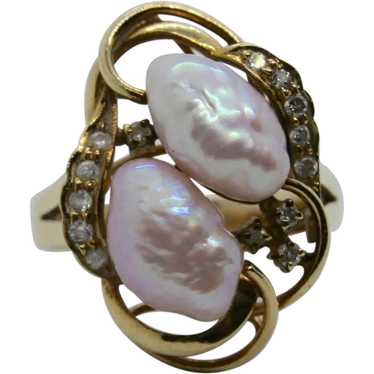 14k Gold Baroque Pearl & Diamond Ring~ Size 6.75