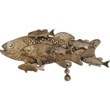 Gold Tone Brass Steam Punk School of Fish Pin Broo