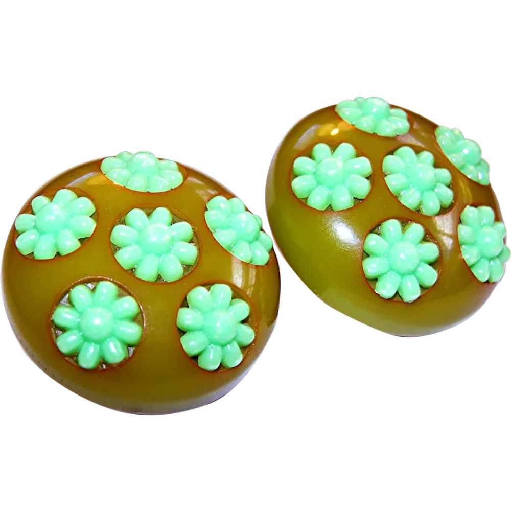Charming LIGHT OLIVE Bakelite Earrings with Six M… - image 1