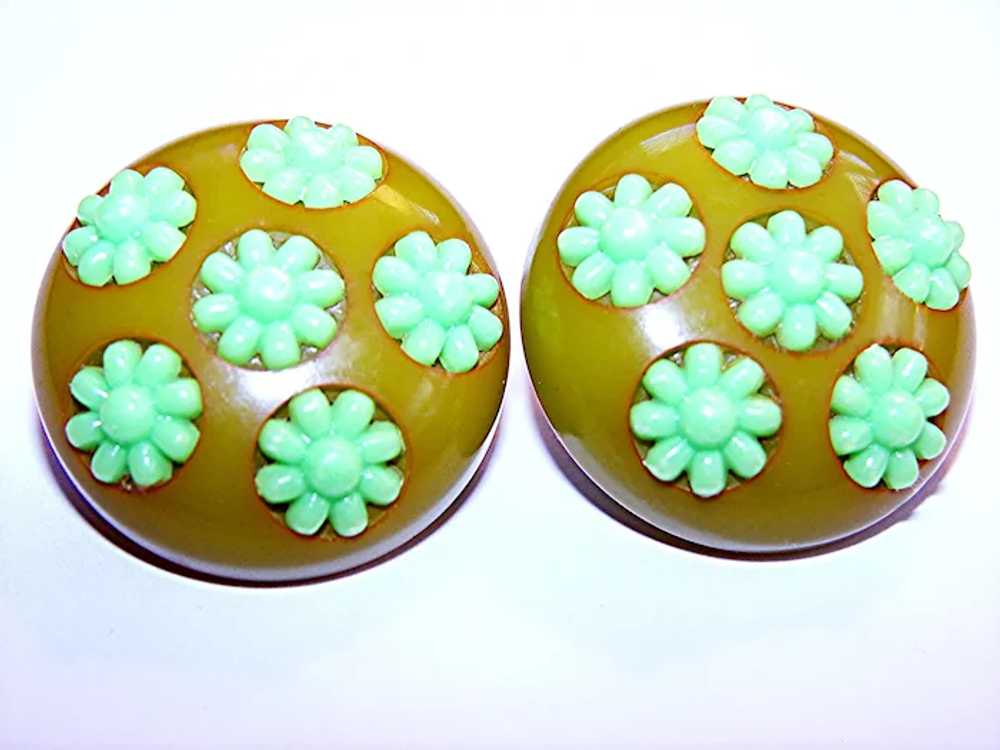 Charming LIGHT OLIVE Bakelite Earrings with Six M… - image 4