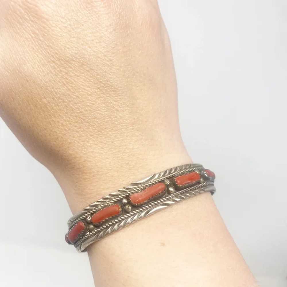 661 Vintage Navajo Silver and Coral Cuff Bracelet… - image 2