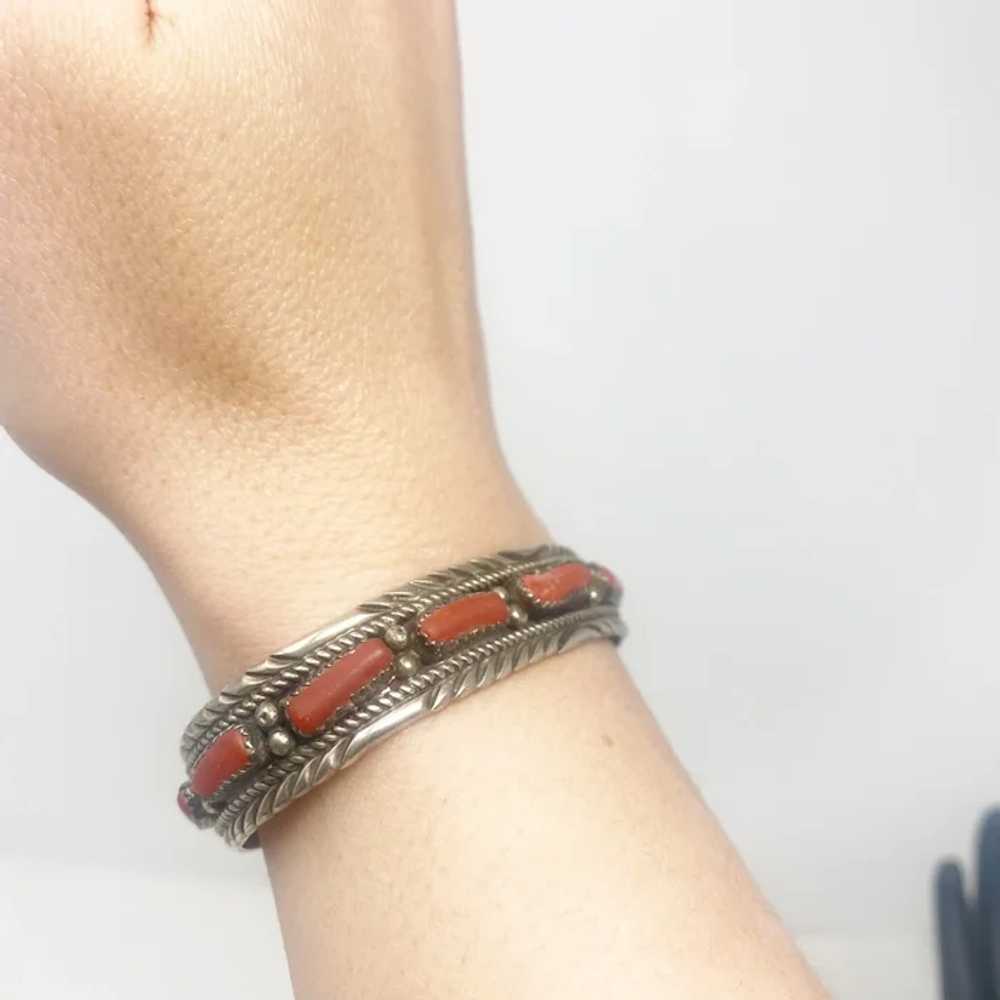 661 Vintage Navajo Silver and Coral Cuff Bracelet… - image 3