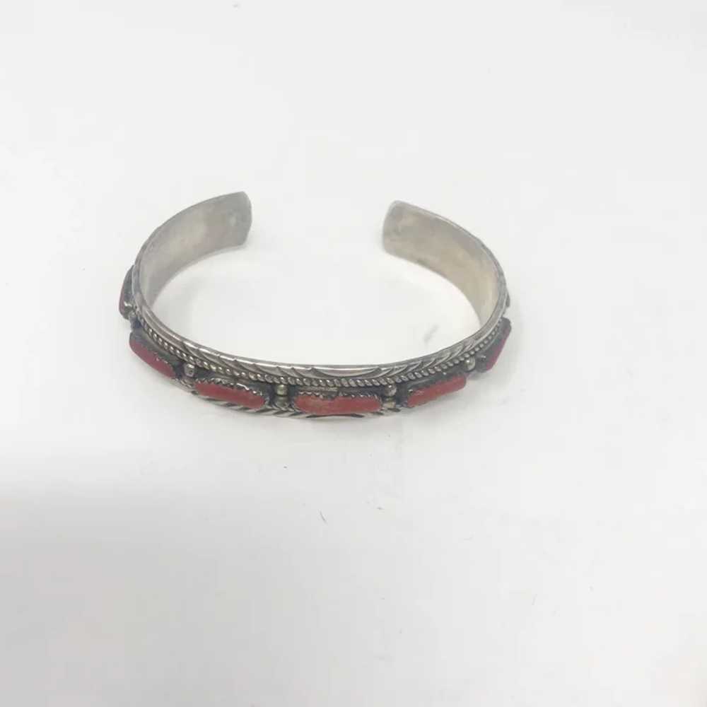 661 Vintage Navajo Silver and Coral Cuff Bracelet… - image 4