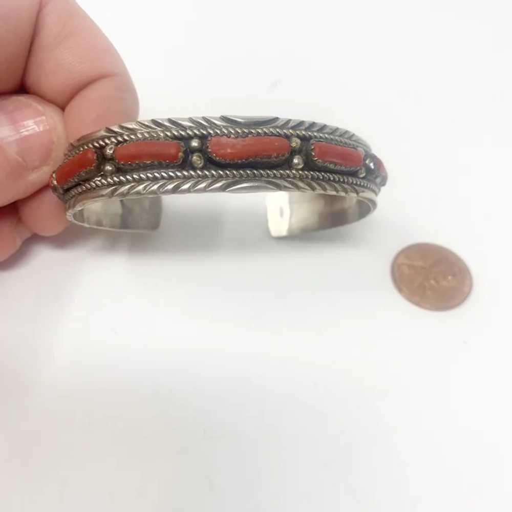 661 Vintage Navajo Silver and Coral Cuff Bracelet… - image 5