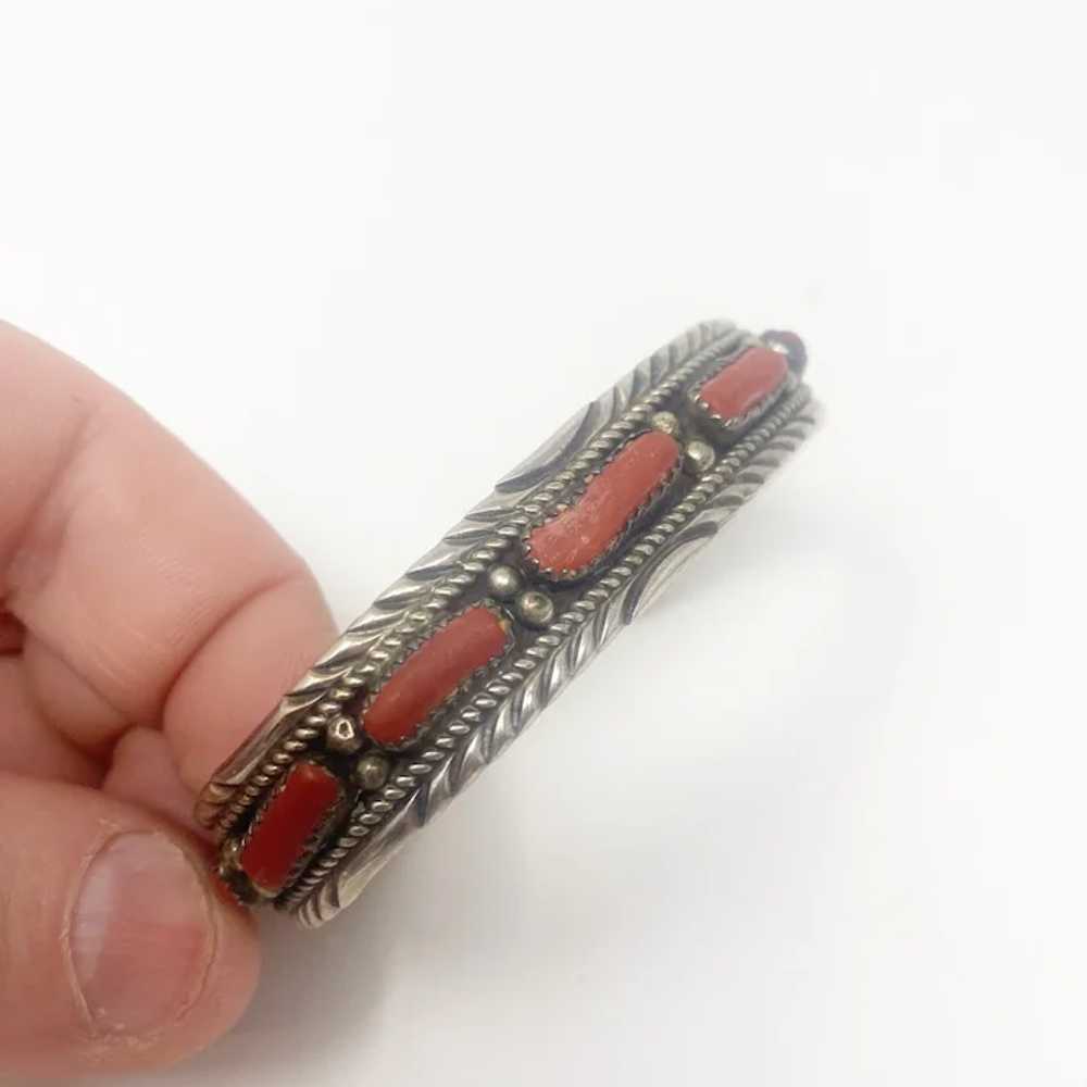 661 Vintage Navajo Silver and Coral Cuff Bracelet… - image 9