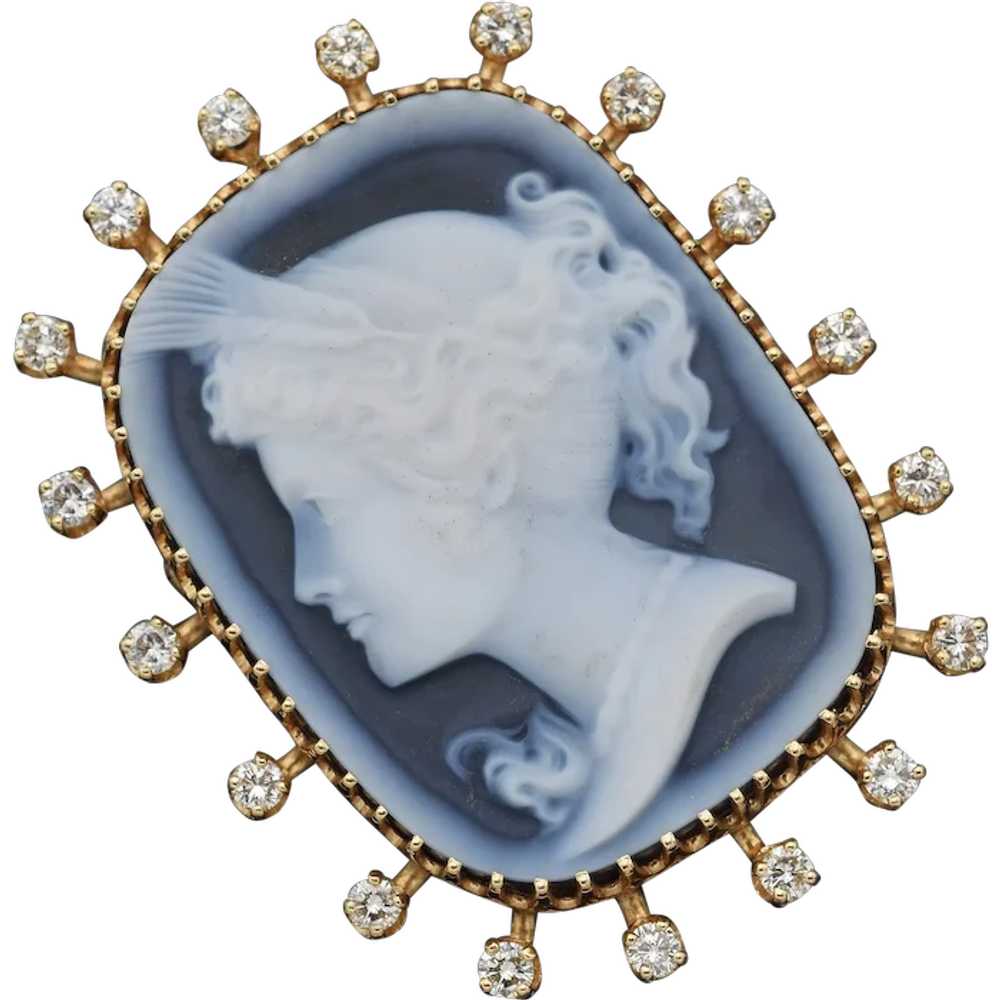 Vintage 14K Yellow Gold Blue Agate Cameo & Diamon… - image 1