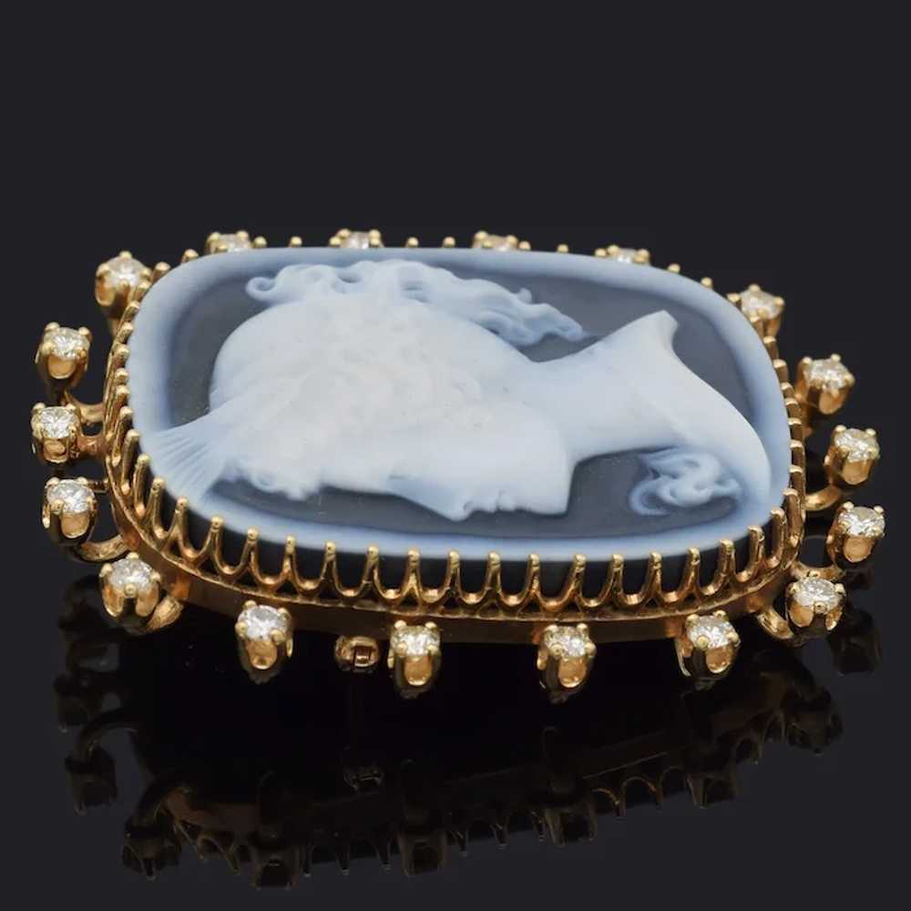 Vintage 14K Yellow Gold Blue Agate Cameo & Diamon… - image 2