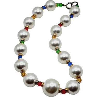Vintage 80s Glass Pearl & Crystal Necklace (A1242) - image 1