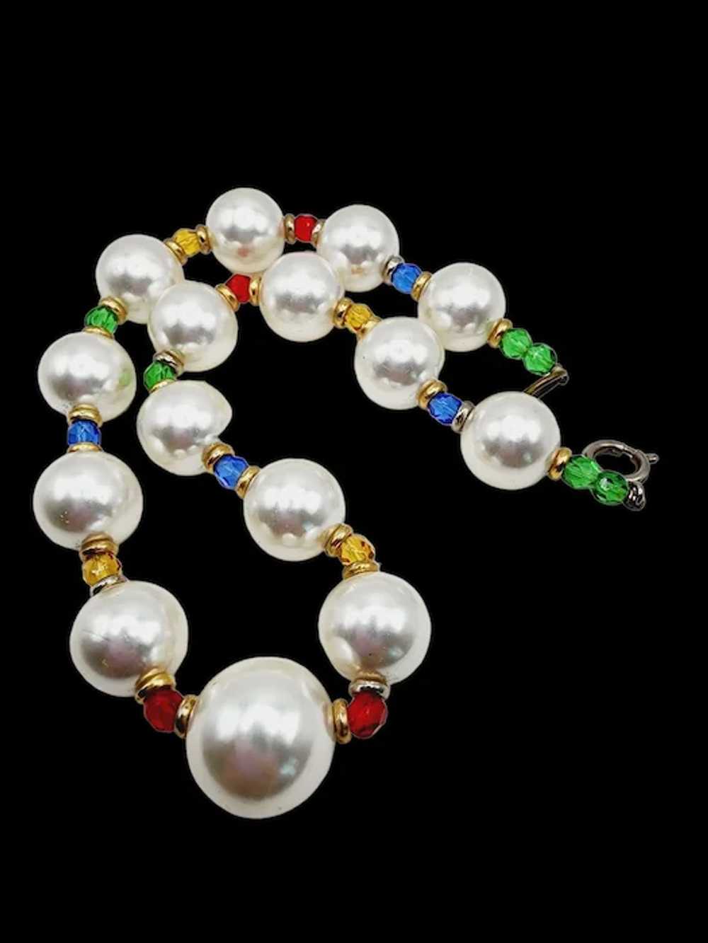 Vintage 80s Glass Pearl & Crystal Necklace (A1242) - image 3