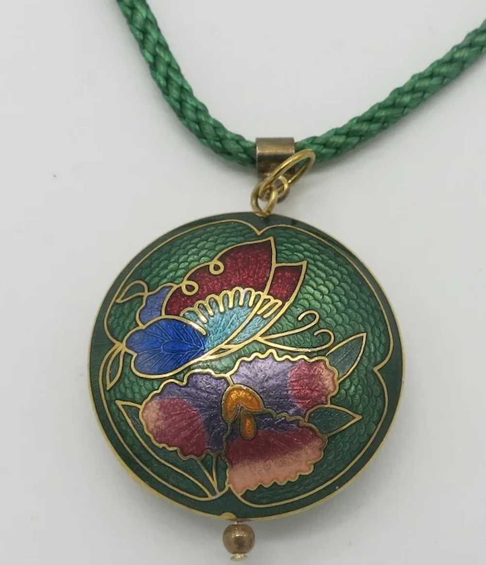 Emerald Green Cloisonne Pendant Flower Butterfly … - image 2