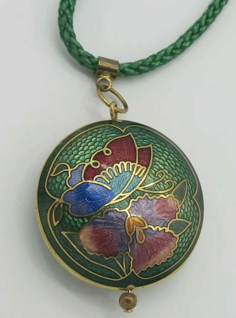 Emerald Green Cloisonne Pendant Flower Butterfly … - image 4