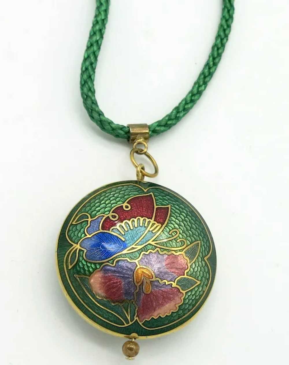 Emerald Green Cloisonne Pendant Flower Butterfly … - image 5