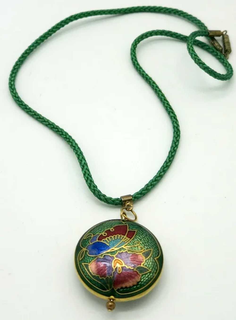 Emerald Green Cloisonne Pendant Flower Butterfly … - image 6