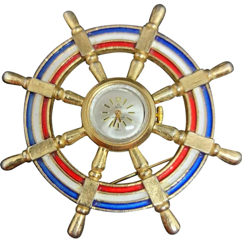 Vintage Swiss Louis "Ship's Wheel" Brooch-Pin Wat… - image 1