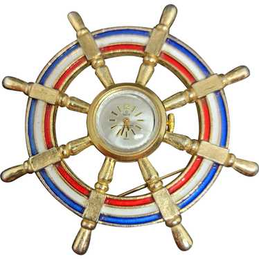 Vintage Swiss Louis "Ship's Wheel" Brooch-Pin Wat… - image 1