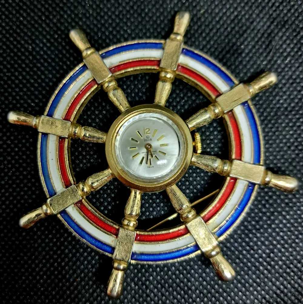 Vintage Swiss Louis "Ship's Wheel" Brooch-Pin Wat… - image 2