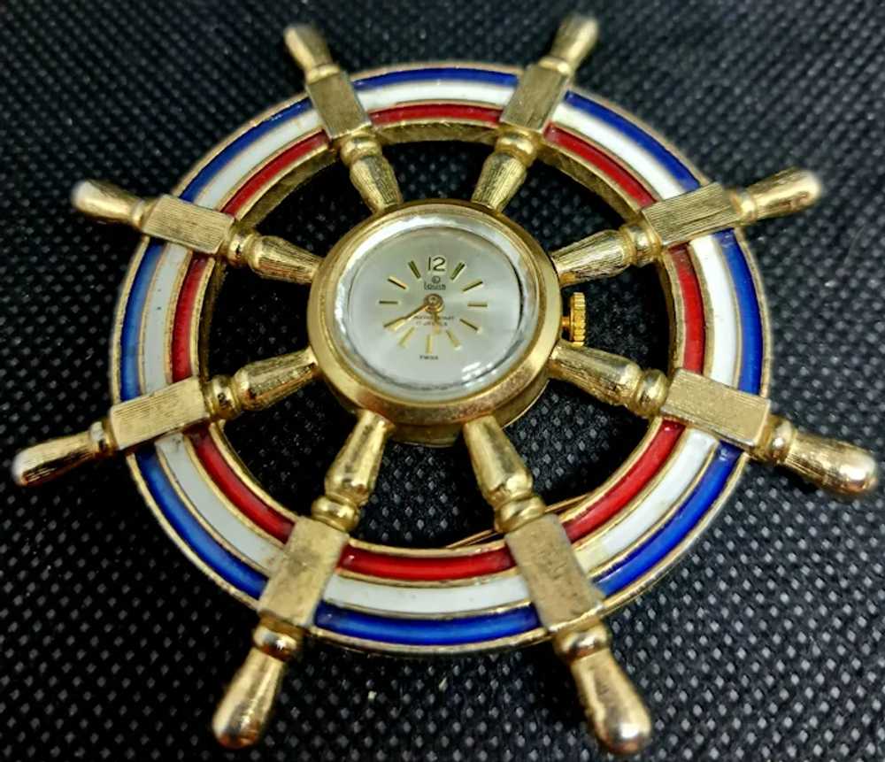 Vintage Swiss Louis "Ship's Wheel" Brooch-Pin Wat… - image 3