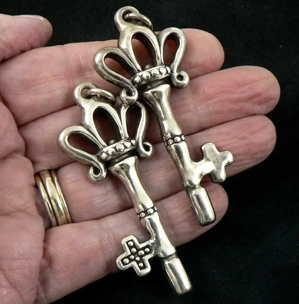 Large Pair of Sterling Silver Key Pendants - image 2
