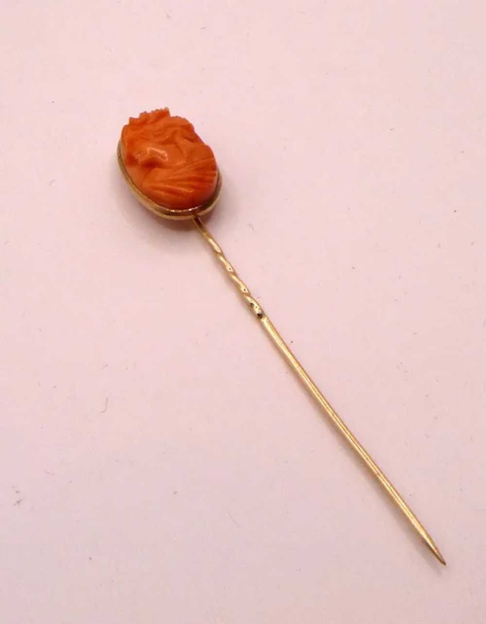 14K Gold Coral Cameo Lapel Pin - image 3