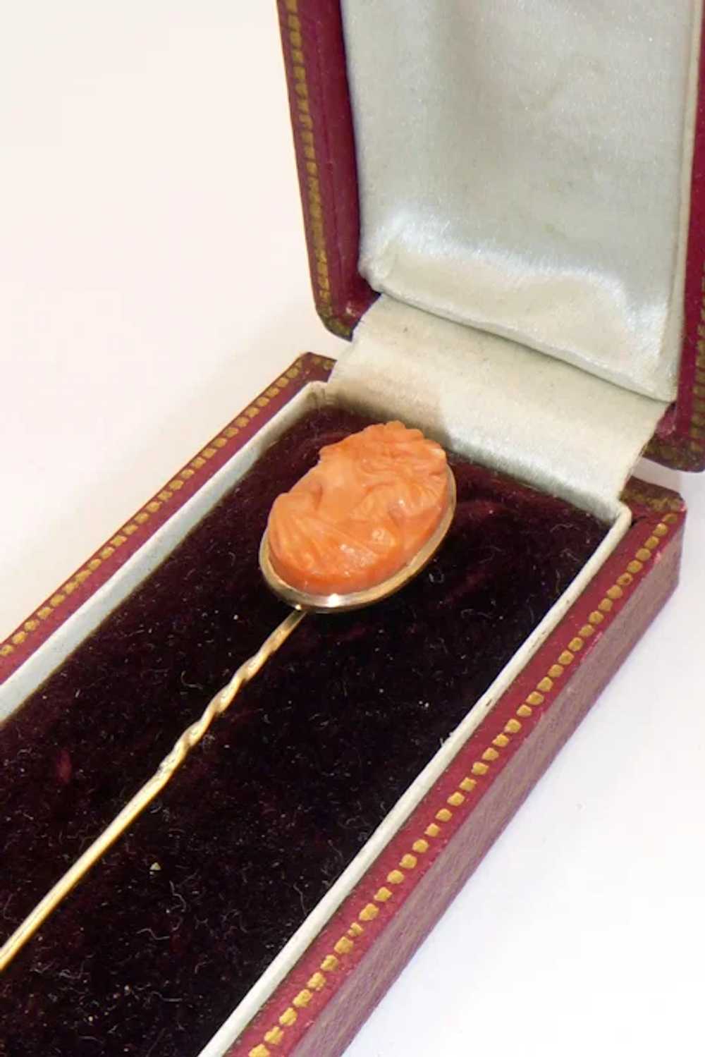 14K Gold Coral Cameo Lapel Pin - image 4