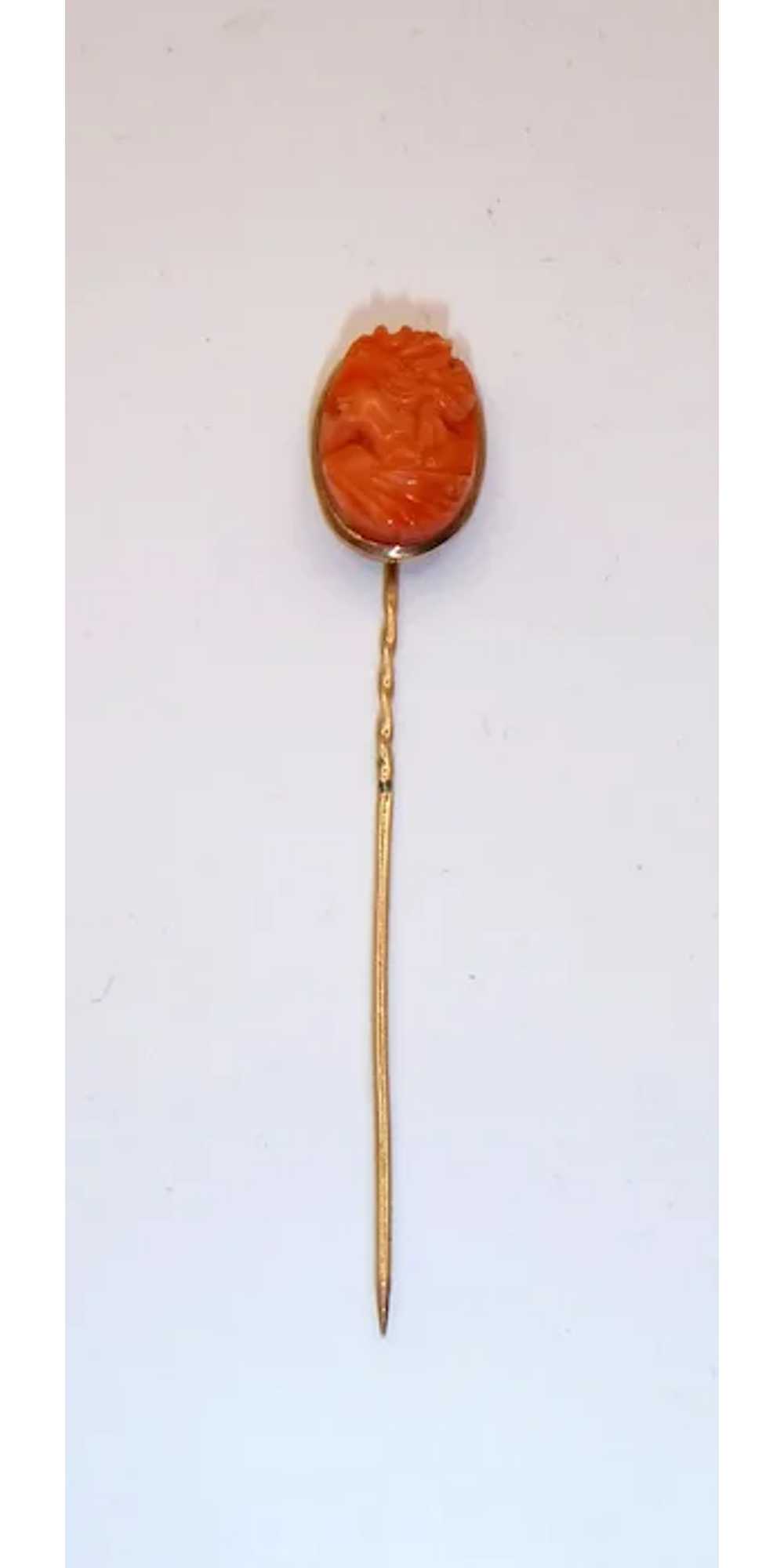 14K Gold Coral Cameo Lapel Pin - image 7